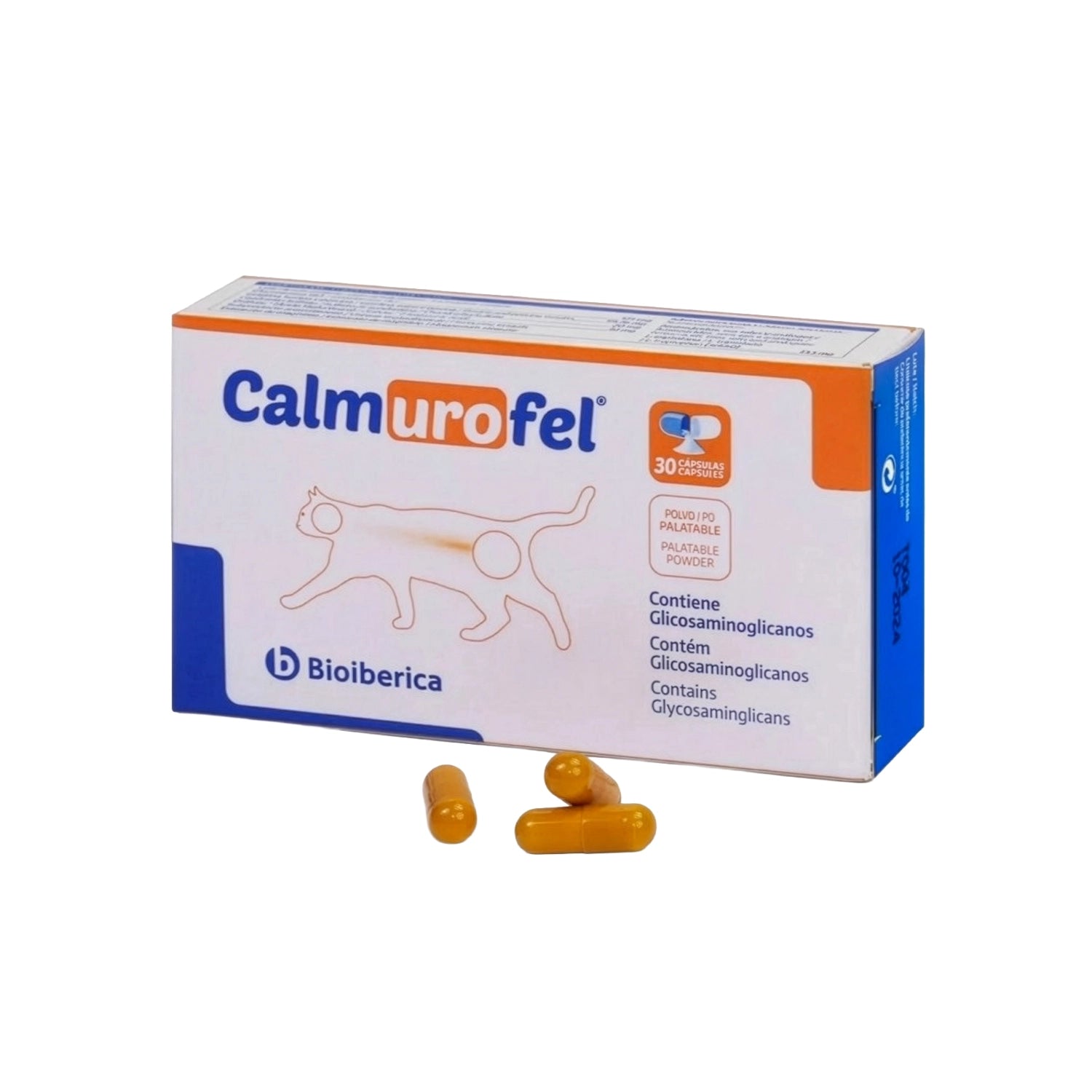 Calmurofel, suplemento para gatos en caja de 30 cápsulas palatables con glicosaminoglicanos, de Bioiberica.
