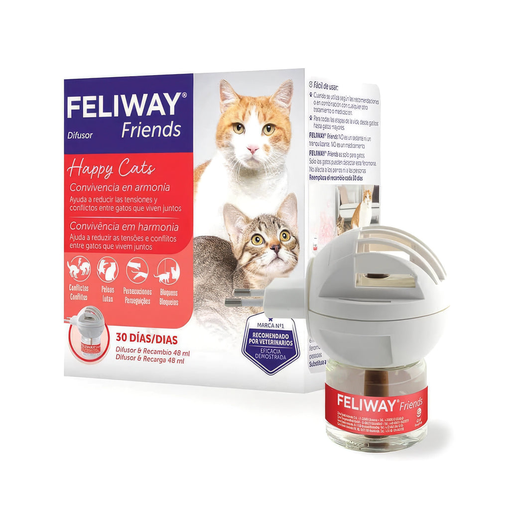 Feliway FRIENDS Difusor y Repuesto con caja del producto, imágenes de dos gatos y solución para mejorar la convivencia felina.