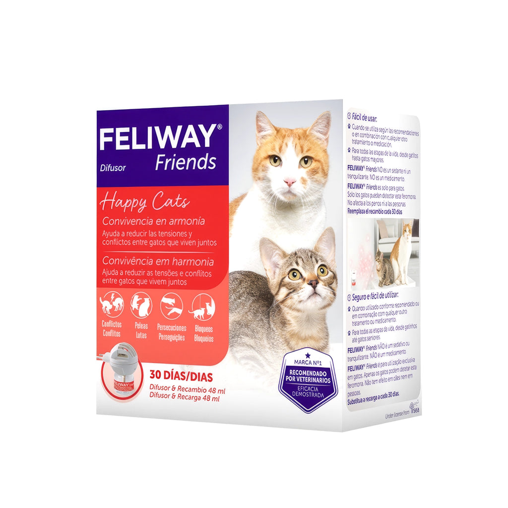 Feliway FRIENDS Difusor y Repuesto con caja del producto, imágenes de dos gatos y solución para mejorar la convivencia felina.
