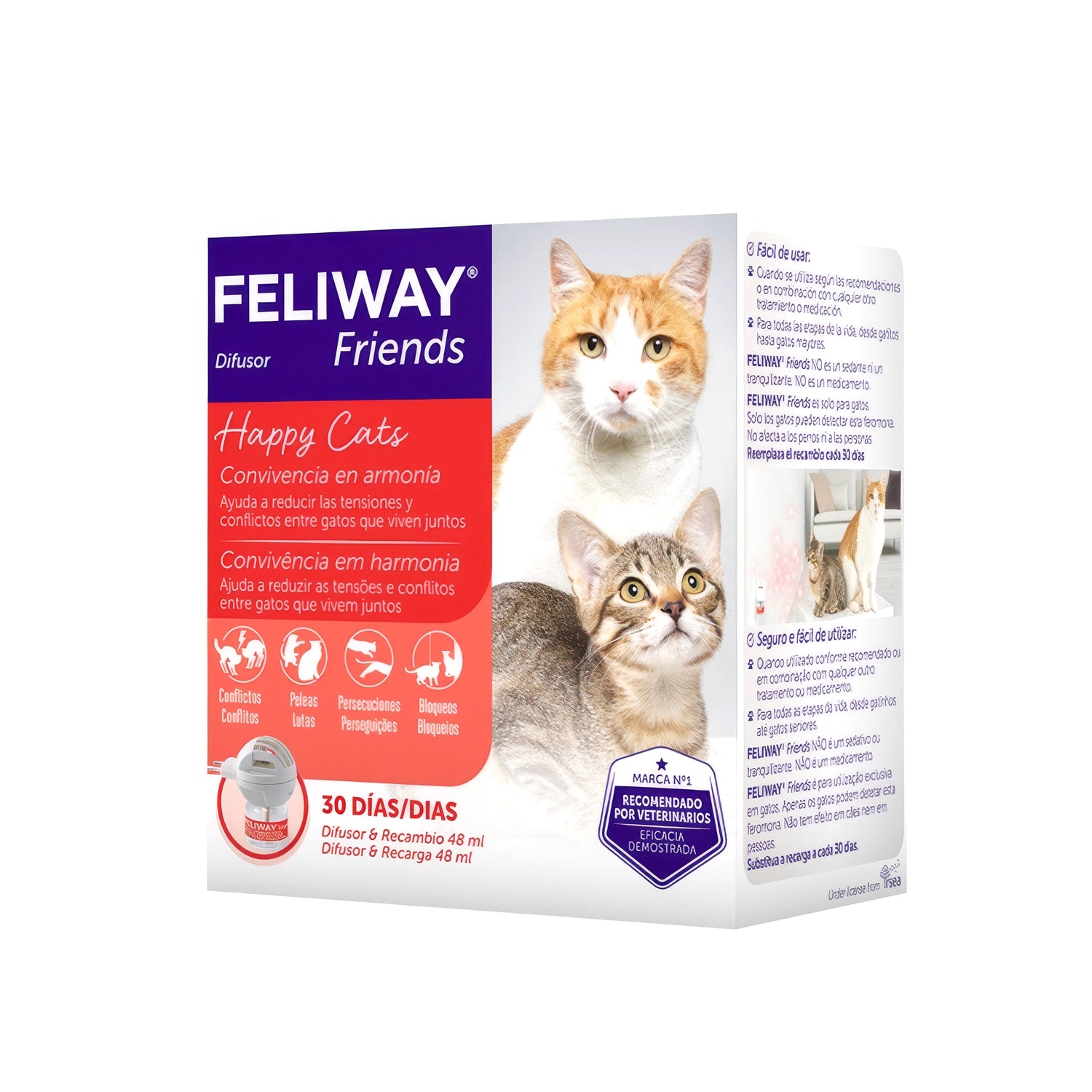 Feliway FRIENDS Difusor y Repuesto con caja del producto, imágenes de dos gatos y solución para mejorar la convivencia felina.