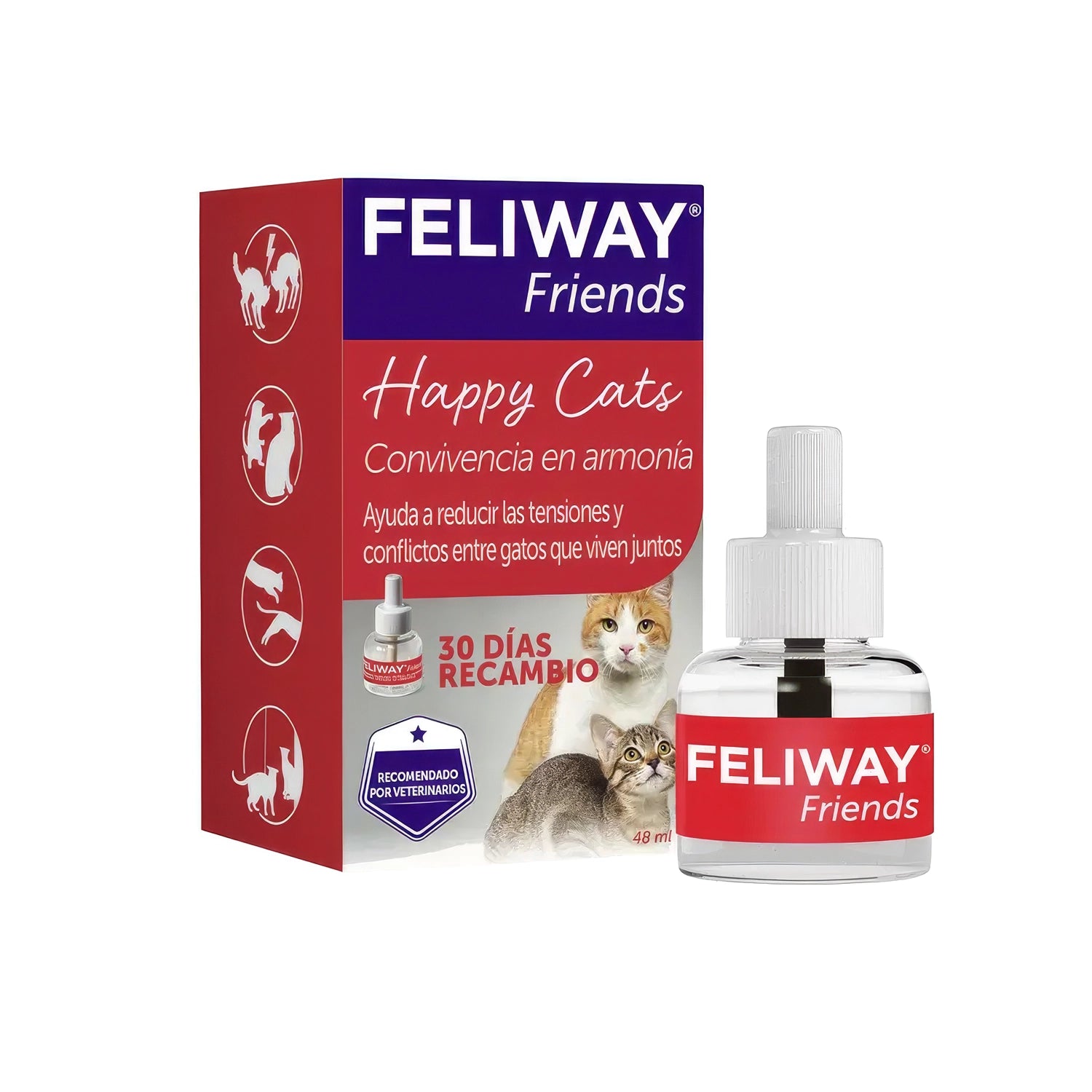 Feliway FRIENDS Repuesto de 48 ml con caja y recarga visible, ayuda a reducir tensiones y mejorar la convivencia entre gatos.