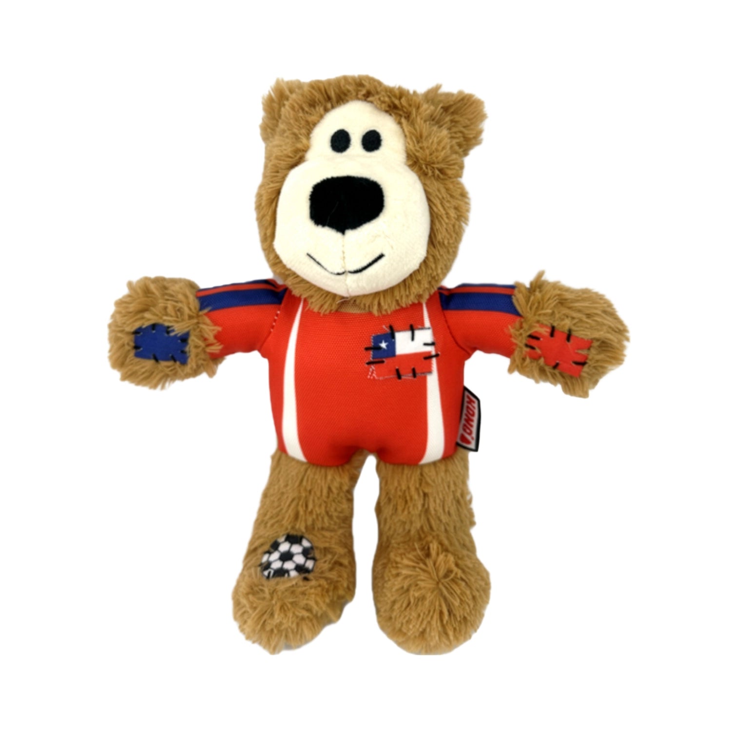 Peluche Kong Wild Knots Chile Edición Limitada con forma de oso, camiseta roja de Chile y detalles de balón de fútbol.