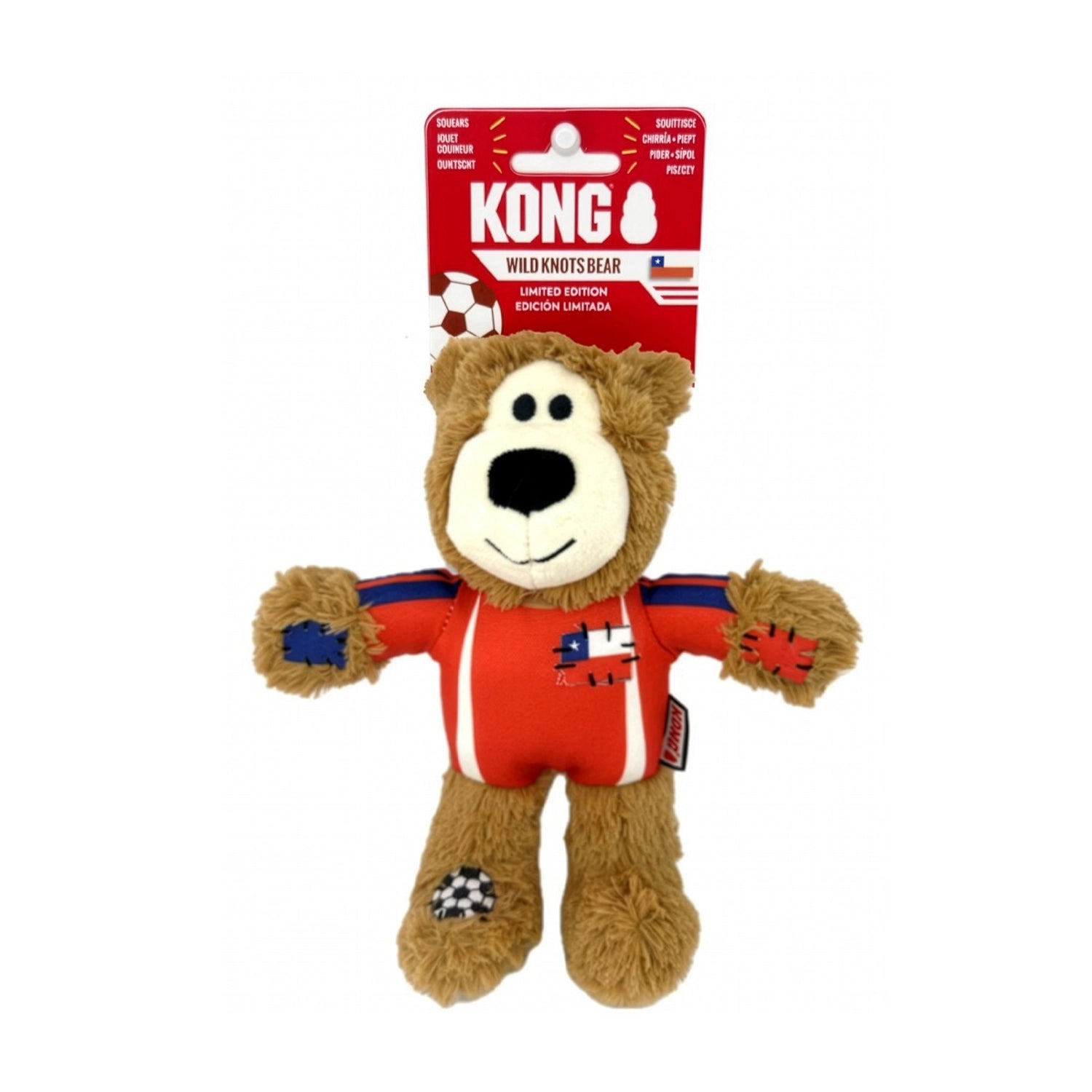 Peluche Kong Wild Knots Chile Edición Limitada con forma de oso, camiseta roja de Chile y detalles de balón de fútbol.