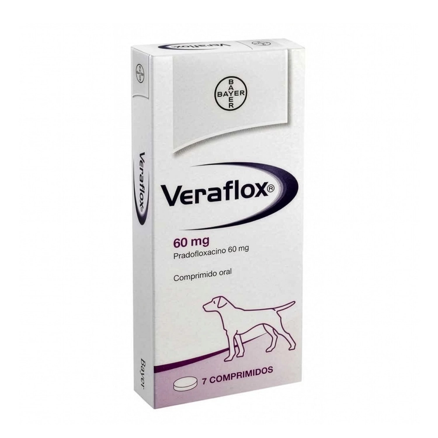 Veraflox 60 mg comprimidos orales para perros en caja blanca Bayer, presentación veterinaria con 7 comprimidos.