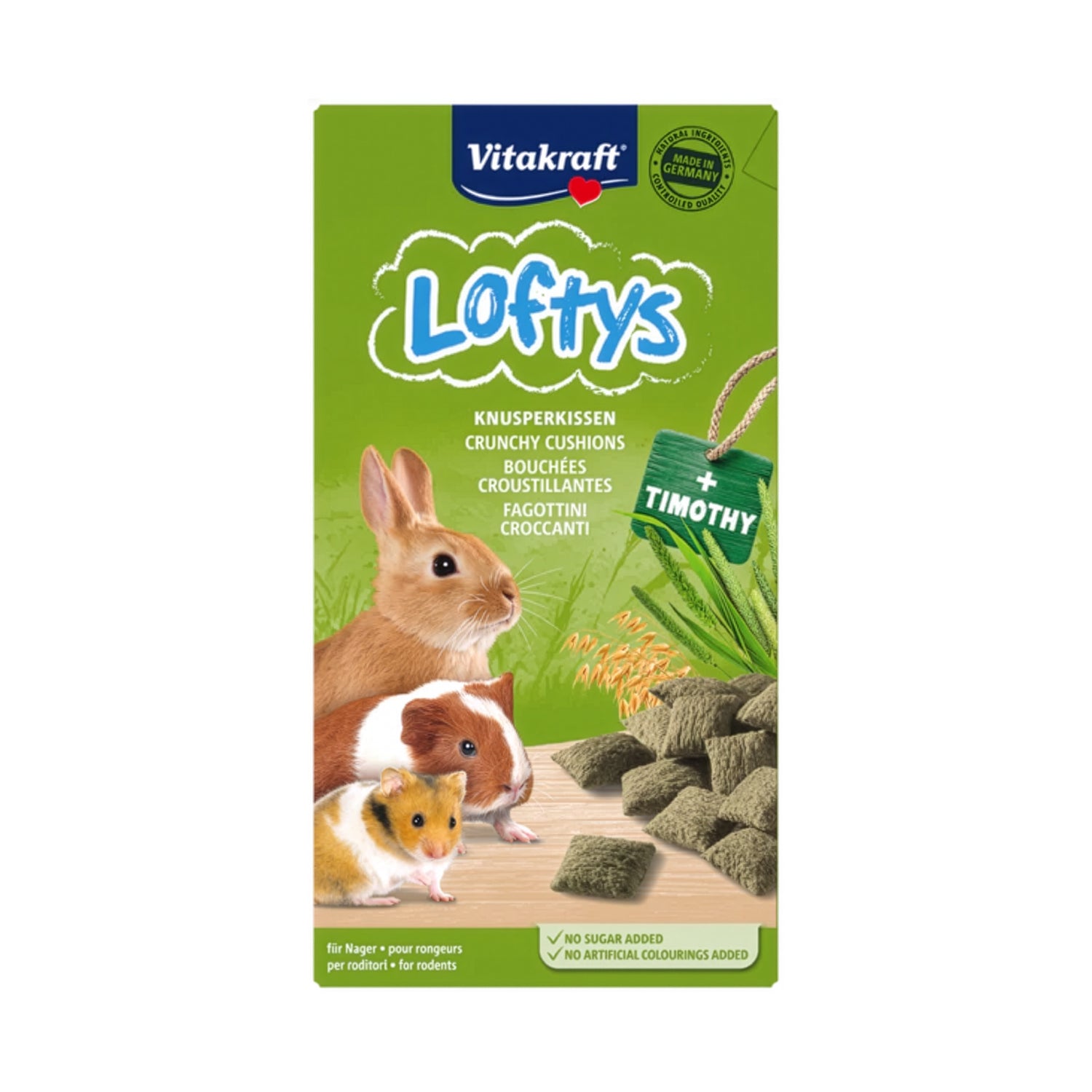 Vitakraft Snack Loftys para Pequeños Animales con bocaditos crujientes de timothy y envase ilustrado con conejo y hámster.