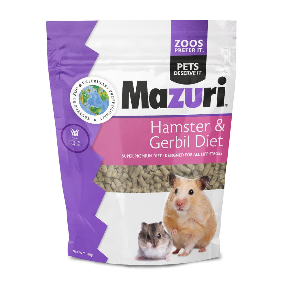 Mazuri Alimento para Hámster y Jerbo dieta premium en pellets para roedores pequeños, bolsa con imagen de hámster y jerbo.