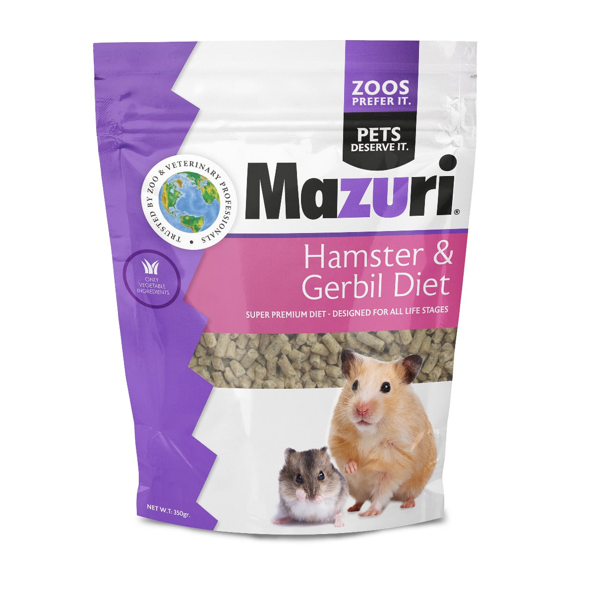 Mazuri Alimento para Hámster y Jerbo dieta premium en pellets para roedores pequeños, bolsa con imagen de hámster y jerbo.