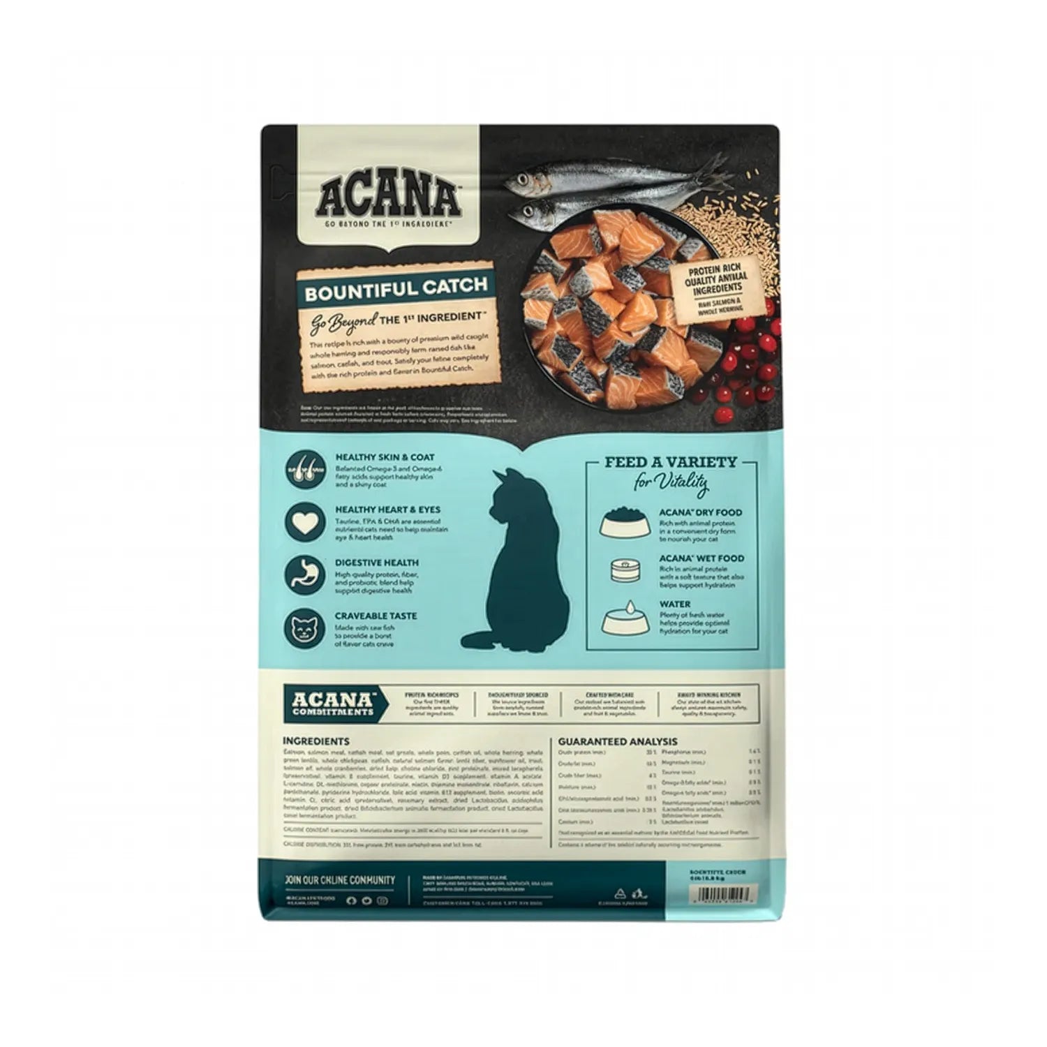 Acana Bountiful Catch para Gatos alimento seco con salmón salvaje, bagre y arenque, receta rica en proteína para gatos adultos.