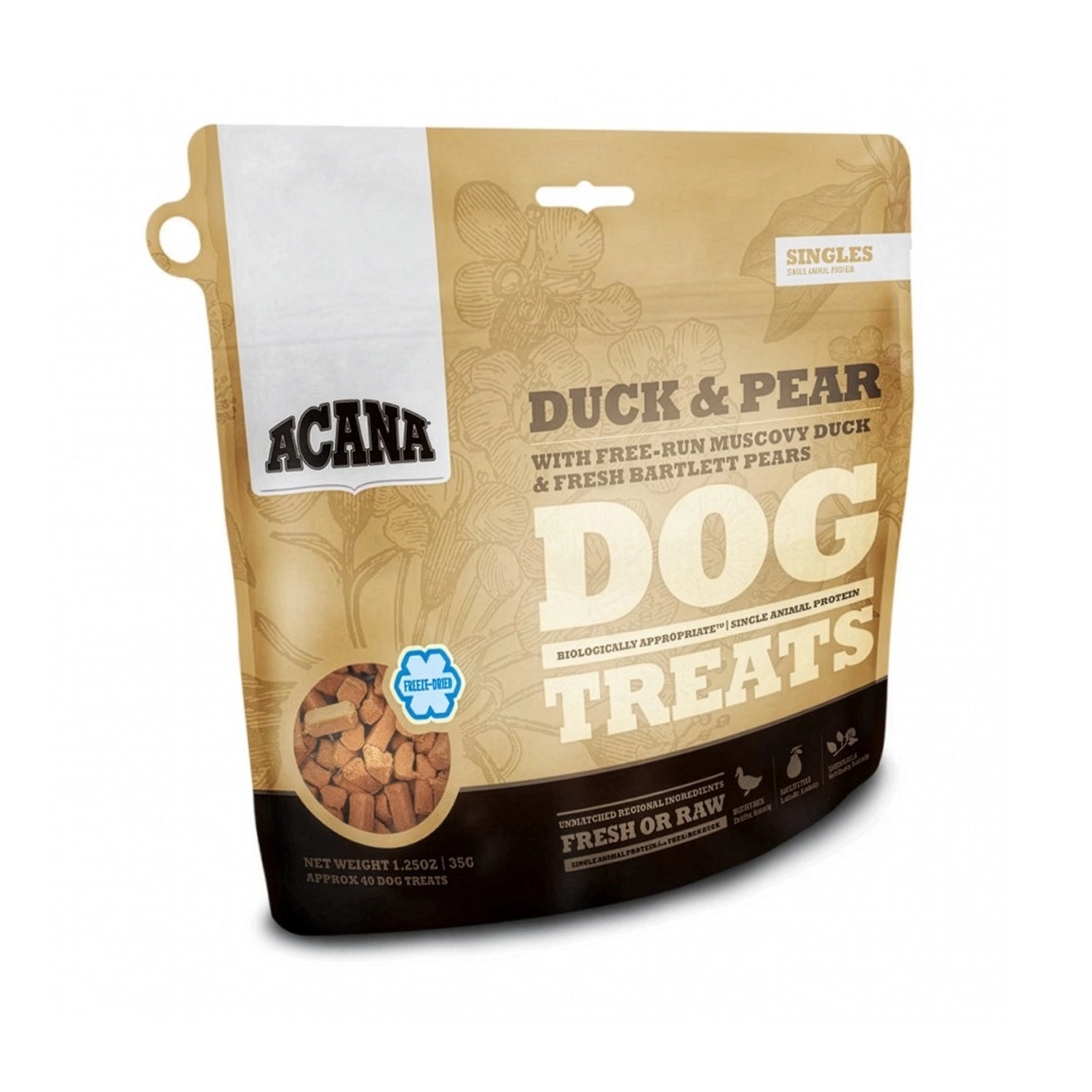 Premios Acana Duck & Pear para Perros en bolsa, snacks para perros con pato de corral y pera, premios naturales ricos en proteína.