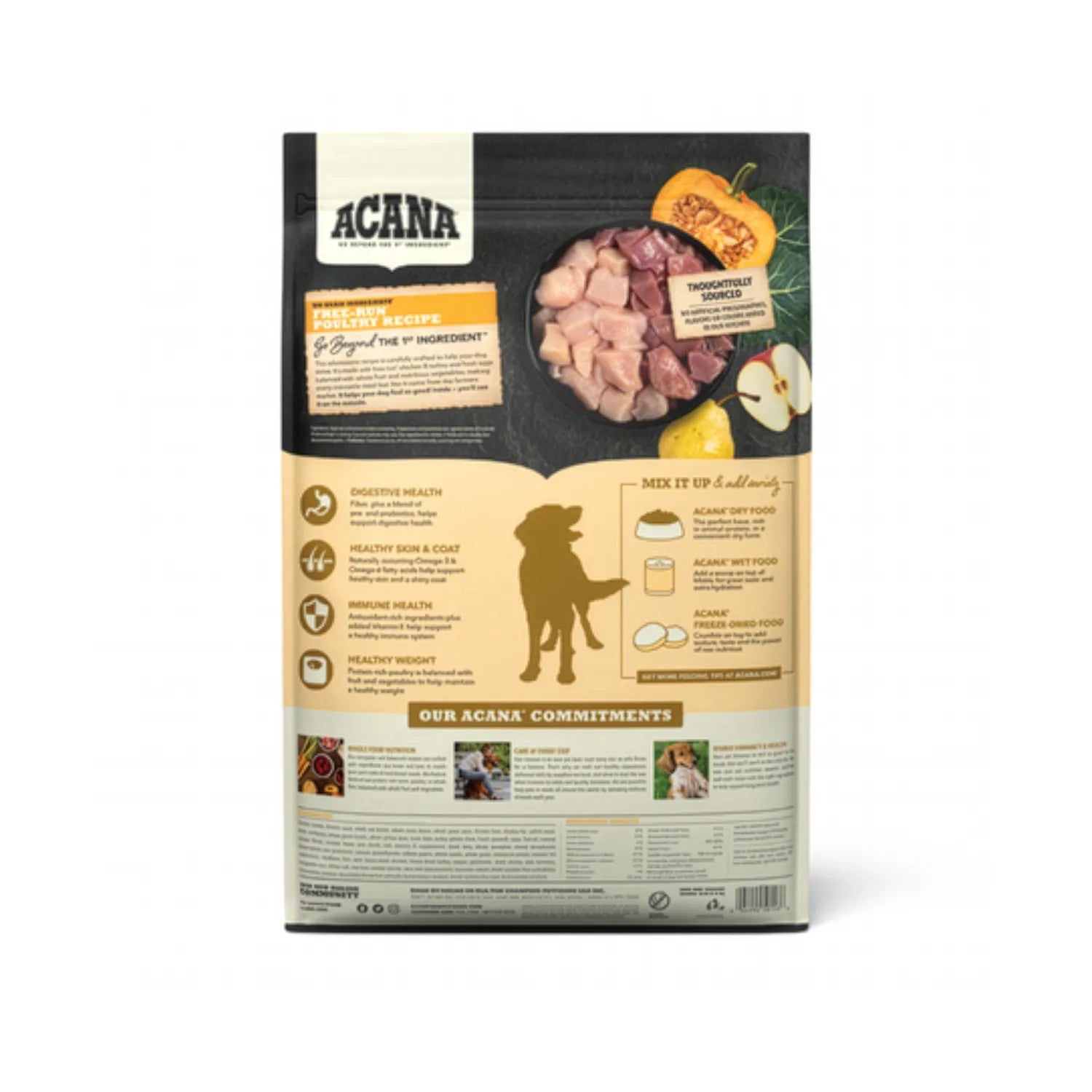 Acana Heritage Free-Run Poultry para Perros en bolsa beige y negra con receta de pollo y pavo criados libres