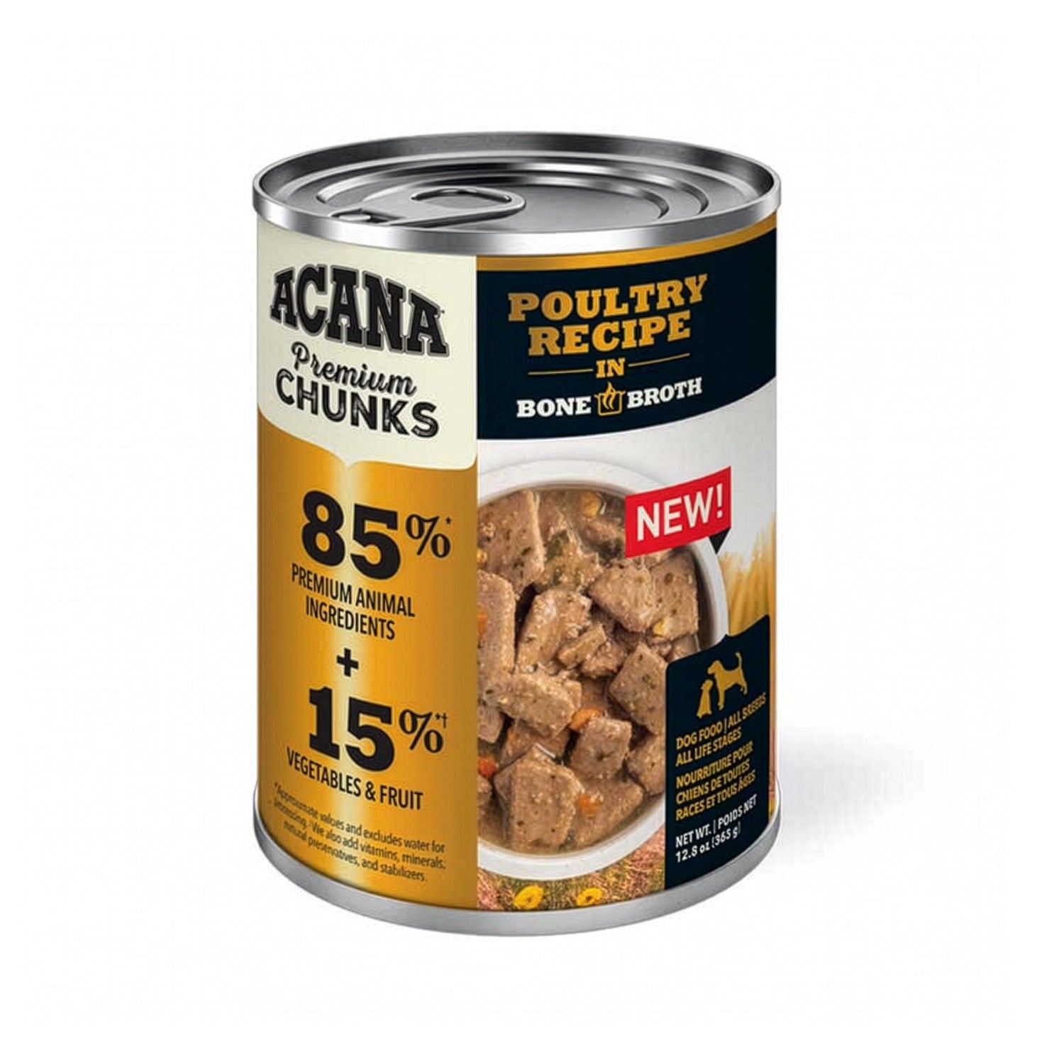 Acana Lata Trozos Aves en Caldo de Huesos para Perros comida húmeda con trozos de pollo en caldo nutritivo, rica en proteína.