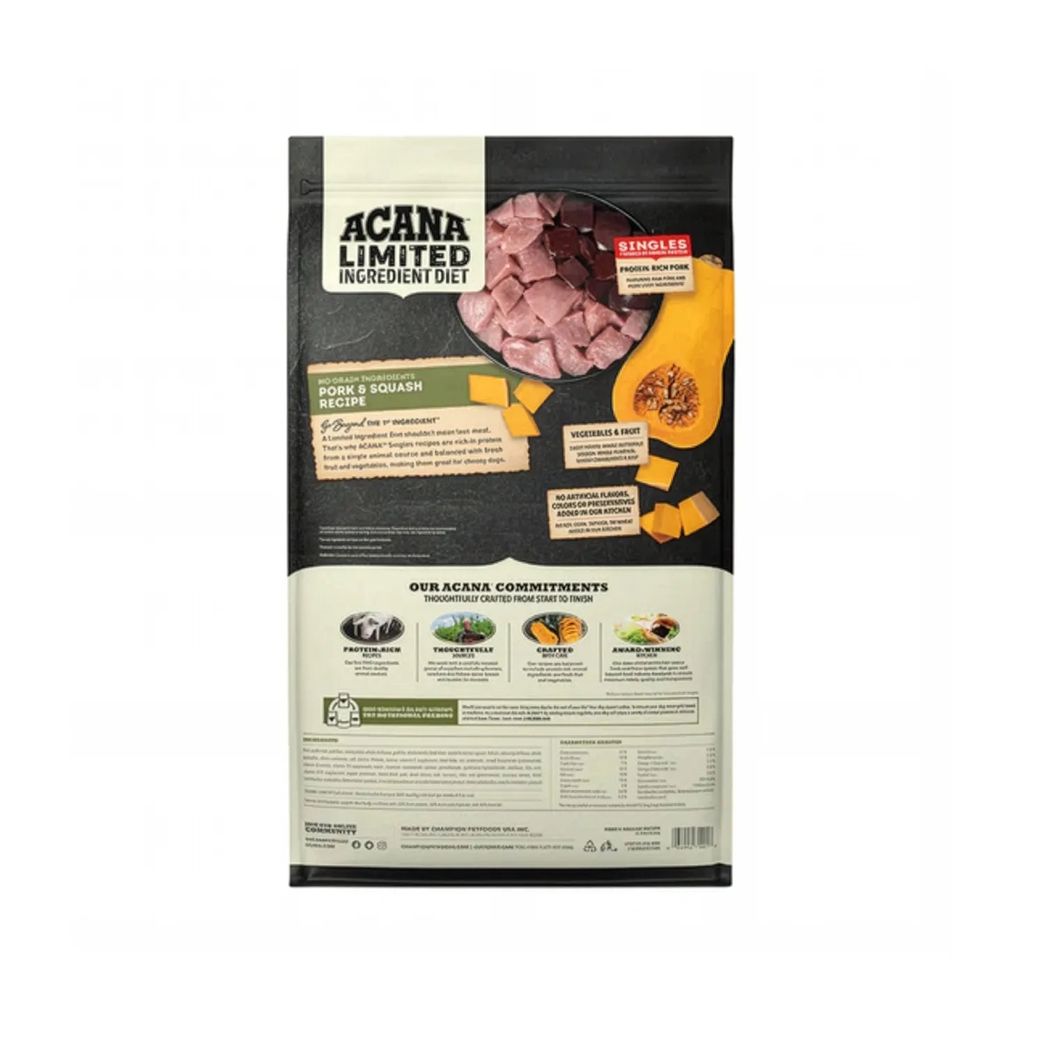 Acana Singles Pork & Squash para Perros en bolsa verde con receta de cerdo y zapallo de ingredientes limitados
