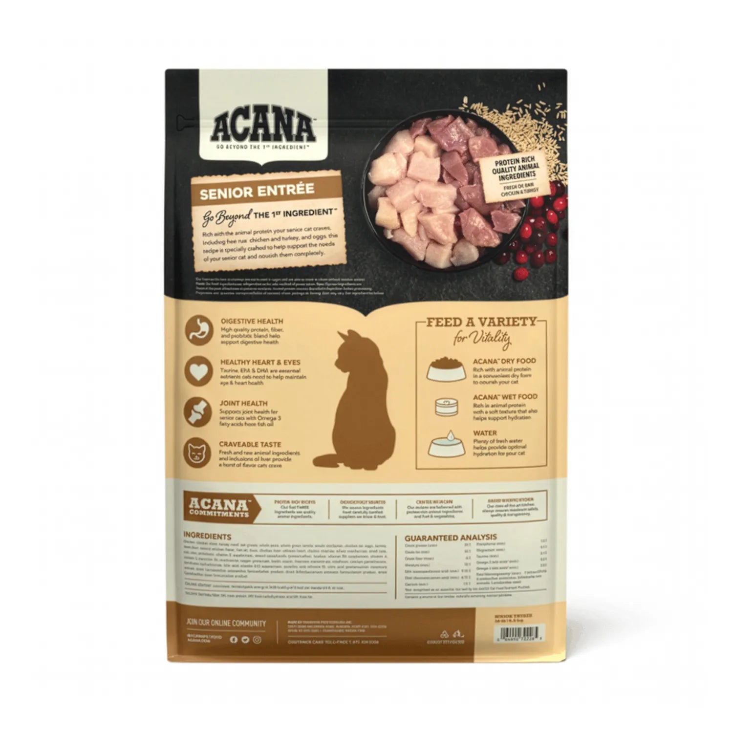 Acana Entrée para Gatos Senior alimento seco con pollo y pavo criados en libertad, receta rica en proteína para gatos mayores.