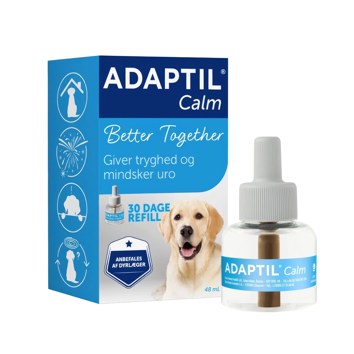 Adaptil Repuesto de 48 ml para difusor, con botella y caja original junto a un perro, ayuda a reducir el estrés canino.