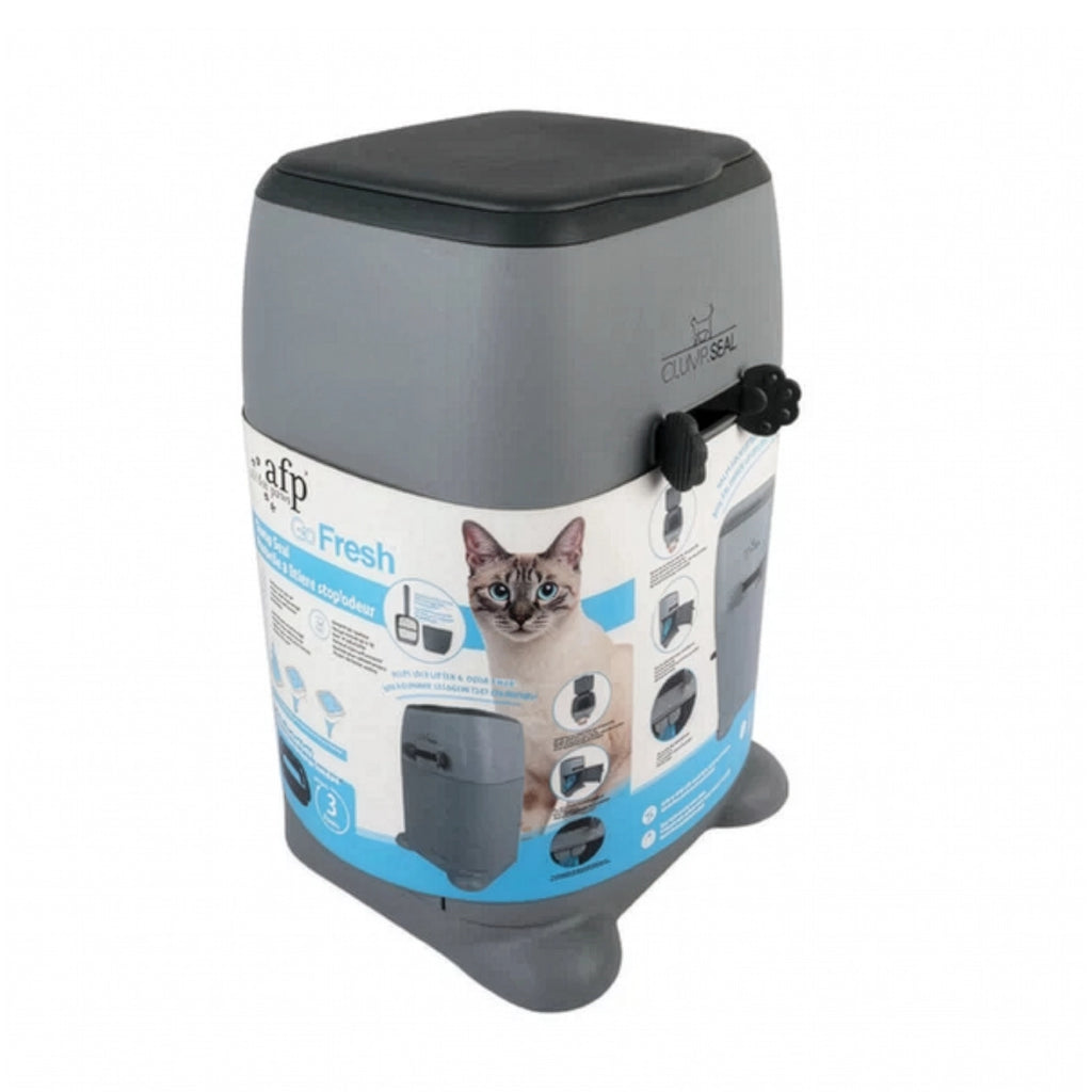 AFP Go Fresh Basurero de Arena Sanitaria, contenedor gris con tapa negra y sistema de sellado para residuos de gatos.