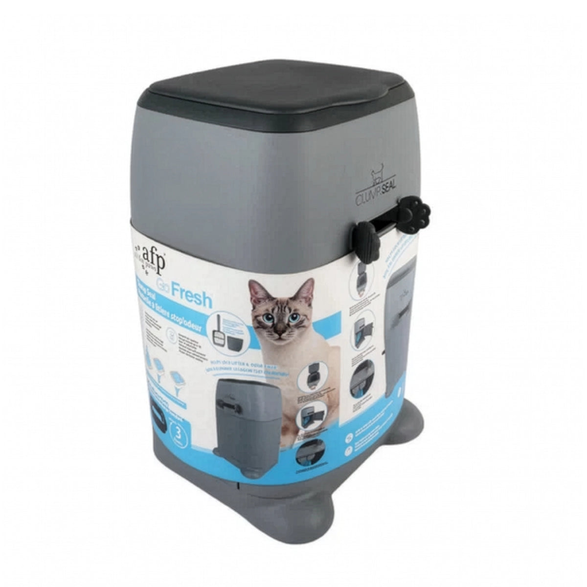 AFP Go Fresh Basurero de Arena Sanitaria, contenedor gris con tapa negra y sistema de sellado para residuos de gatos.