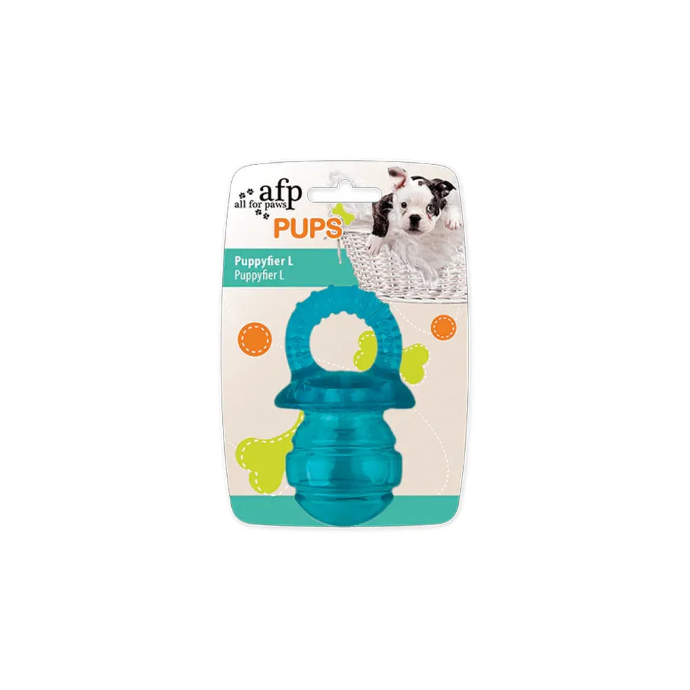 All for Paws Pups Chupete turquesa en empaque, juguete de goma para cachorros con forma de chupete y textura para morder