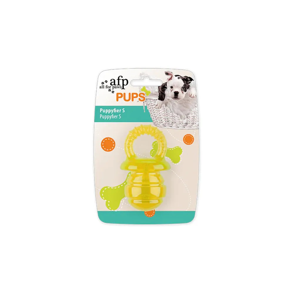 All for Paws Pups Chupete Amarillo en empaque, juguete de goma para cachorros con forma de chupete y textura para morder
