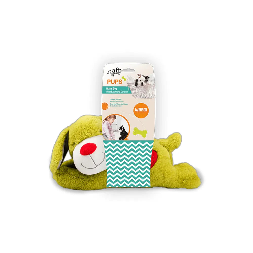 All for Paws Pups Peluche Perrito Térmico, juguete de felpa verde con cara de perro y función cálida para confort de cachorros