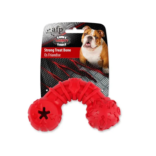All for Paws Juguete Mighty Rex Hueso Curvo rojo, juguete resistente con forma arqueada y extremos texturizados para morder