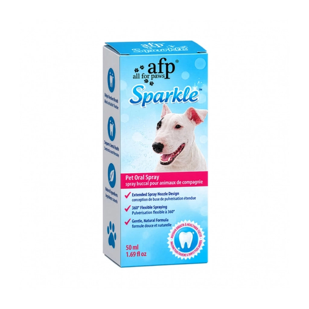 AFP Sparkle Spray Bucal 50 ml, spray de cuidado oral para mascotas en frasco blanco con aplicador y tapa transparente.