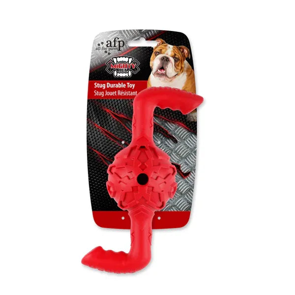 All for Paws Juguete Mighty Rex Stug rojo, juguete resistente con mango curvo y bola central texturizada para morder