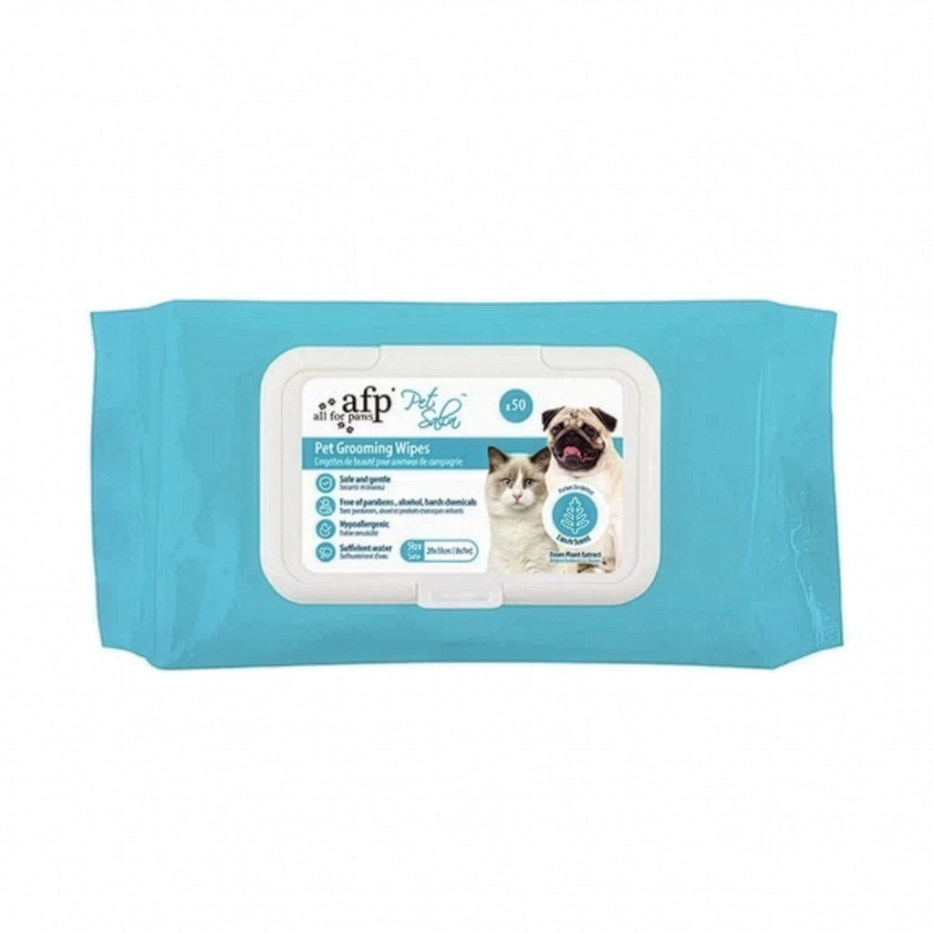 AFP Pet Salon Toallitas Húmedas, paquete de 120 unidades para higiene de perros y gatos con tapa plástica resellable.