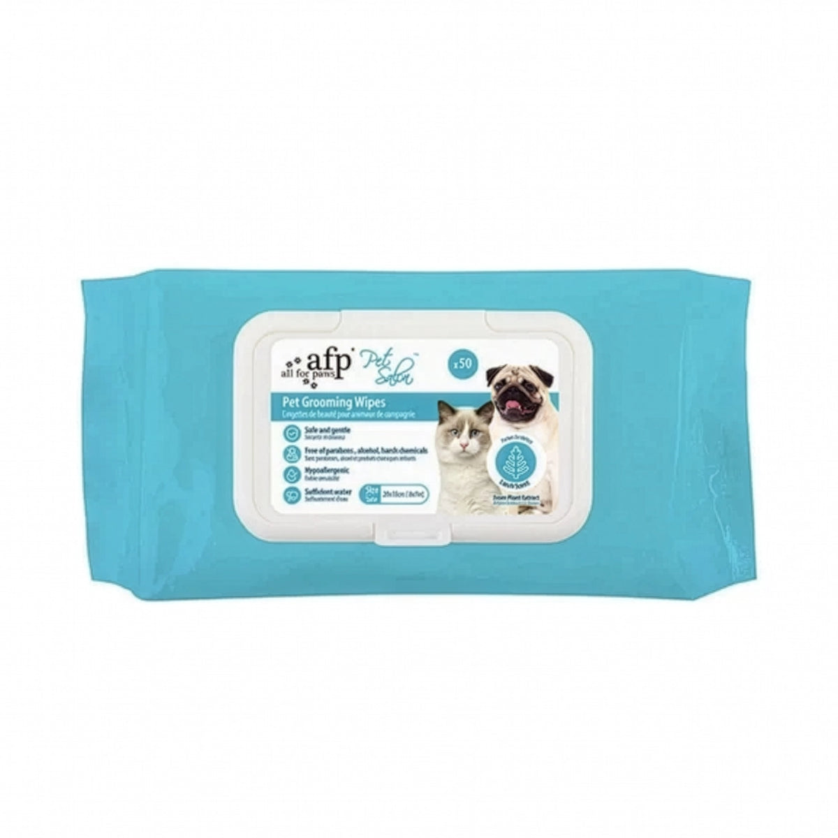 AFP Pet Salon Toallitas Húmedas, paquete de 120 unidades para higiene de perros y gatos con tapa plástica resellable.
