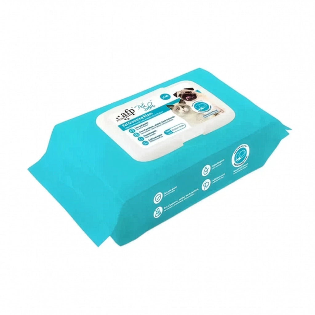 AFP Pet Salon Toallitas Húmedas, paquete de 100 unidades para higiene de perros y gatos con tapa plástica resellable.