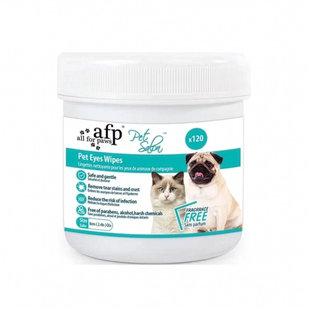 AFP Pet Salon Toallitas para Ojos 120 unidades, toallitas de limpieza ocular para perros y gatos en envase blanco.