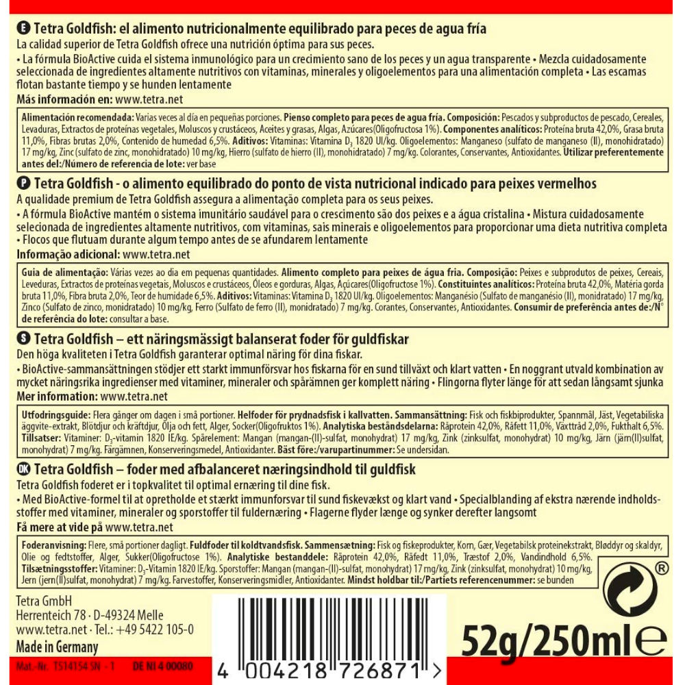 Alimento para Peces Dorados "Goldfish Flakes" Tetra 