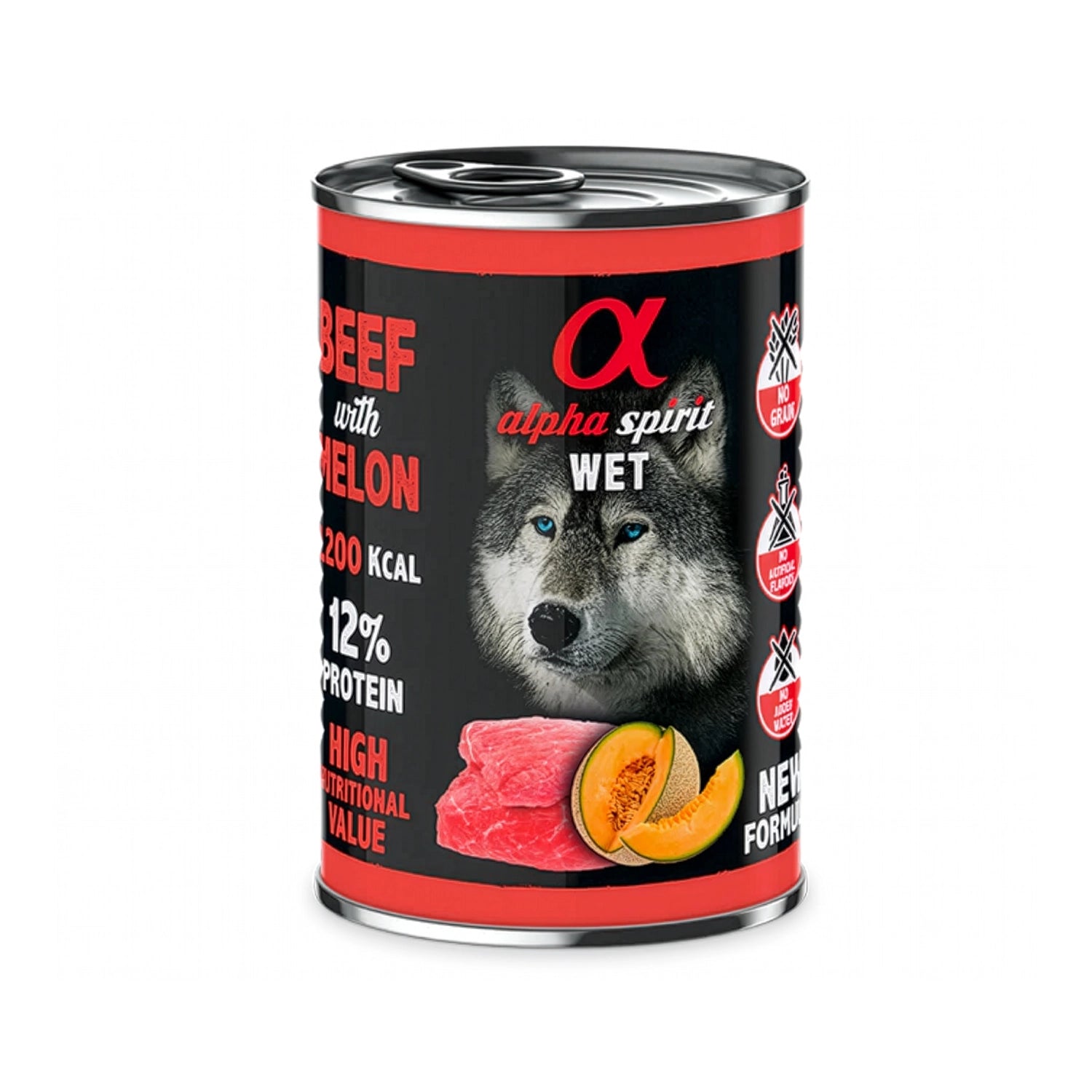 Lata Alpha Spirit Alimento Húmedo Lata Ternera con Melón para perros, diseño negro y rojo con imagen de ternera, melón y lobo.