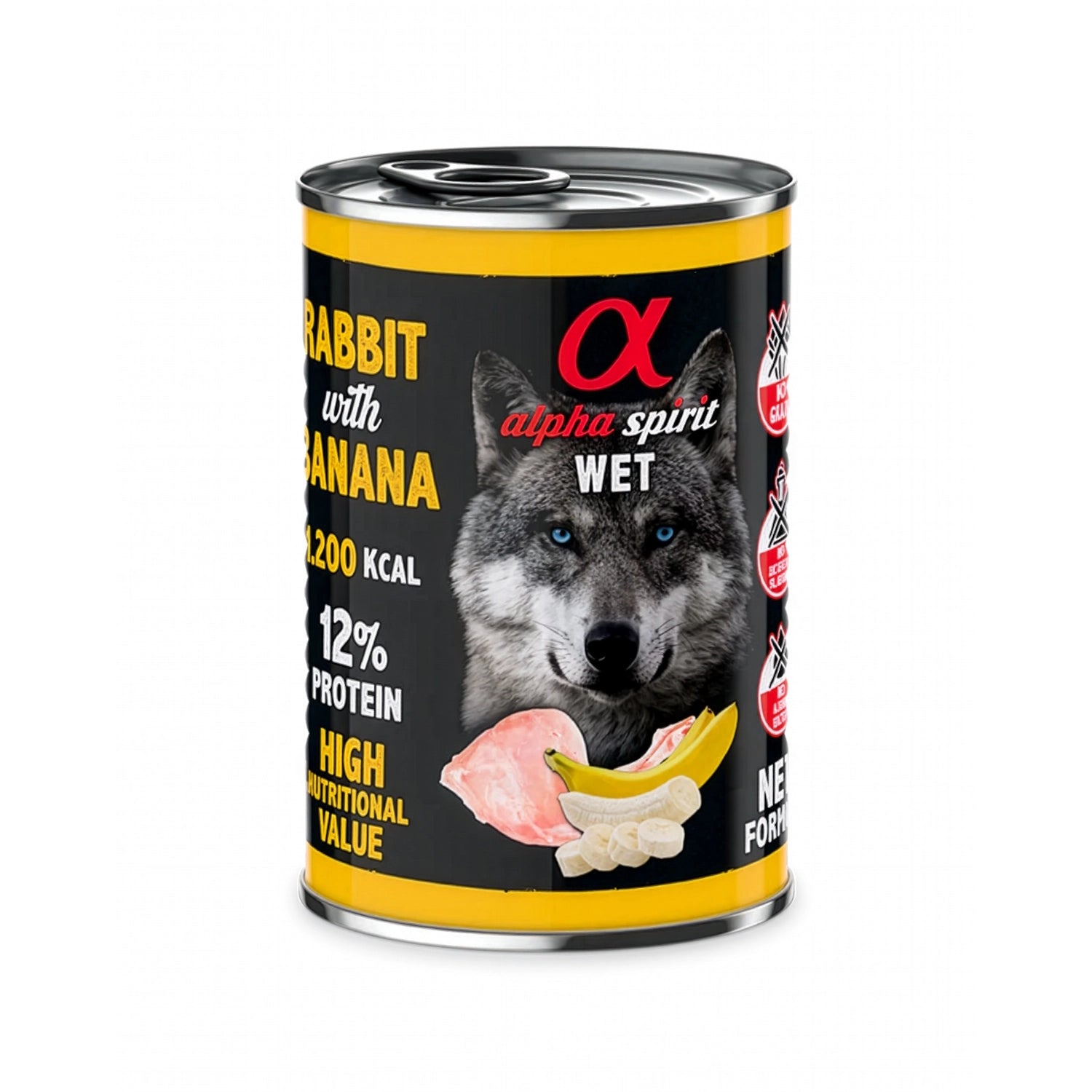 Lata Alpha Spirit Alimento Húmedo Lata Conejo con Plátano para perros, diseño negro y amarillo con imagen de conejo y plátano.