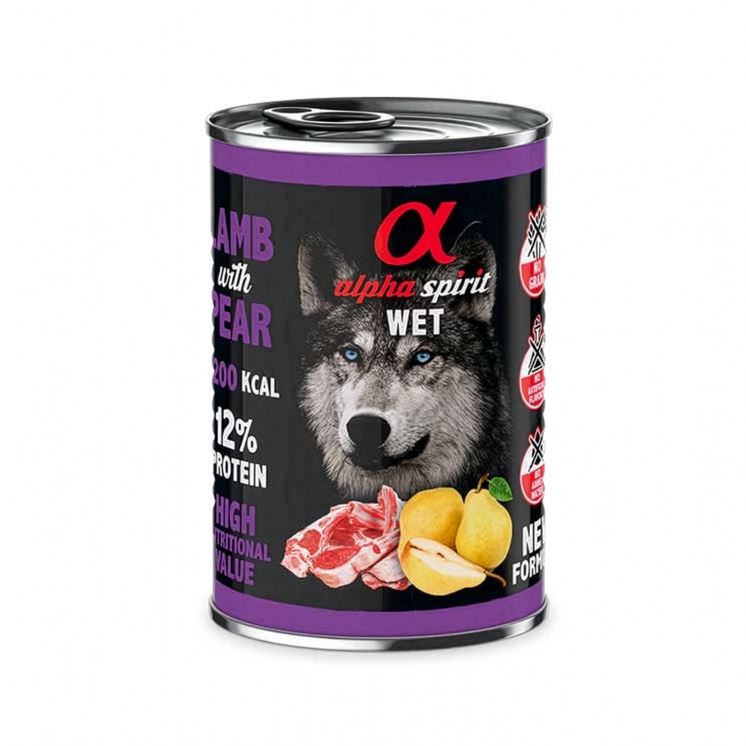Alpha Spirit Alimento Húmedo Lata Cordero con Pera para perros en envase original, con ilustración de lobo, trozos de cordero y pera sobre fondo blanco.