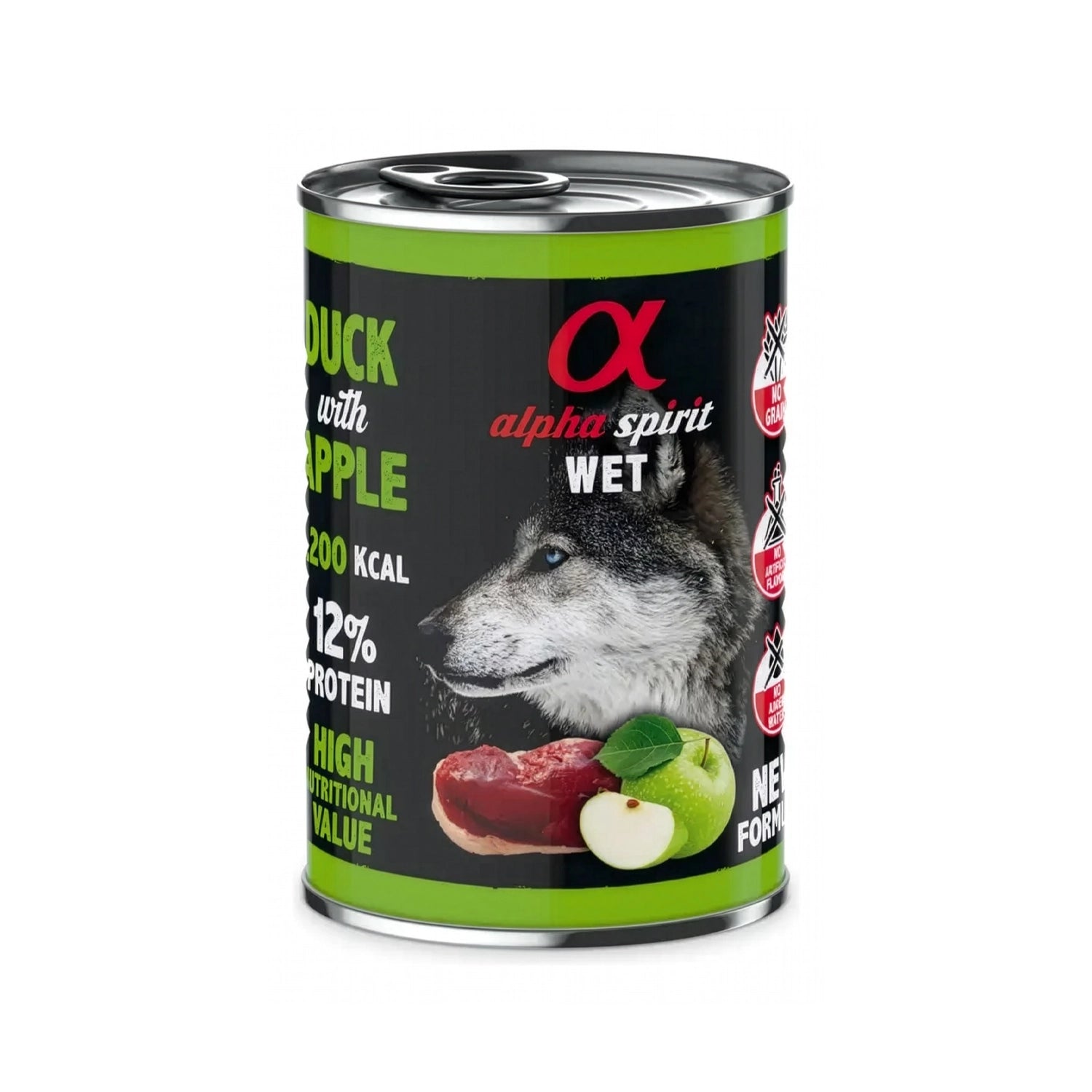 Alpha Spirit Alimento Húmedo Lata Pato con Manzana Verde en envase original con ilustración de lobo, pato y manzana verde sobre fondo blanco.