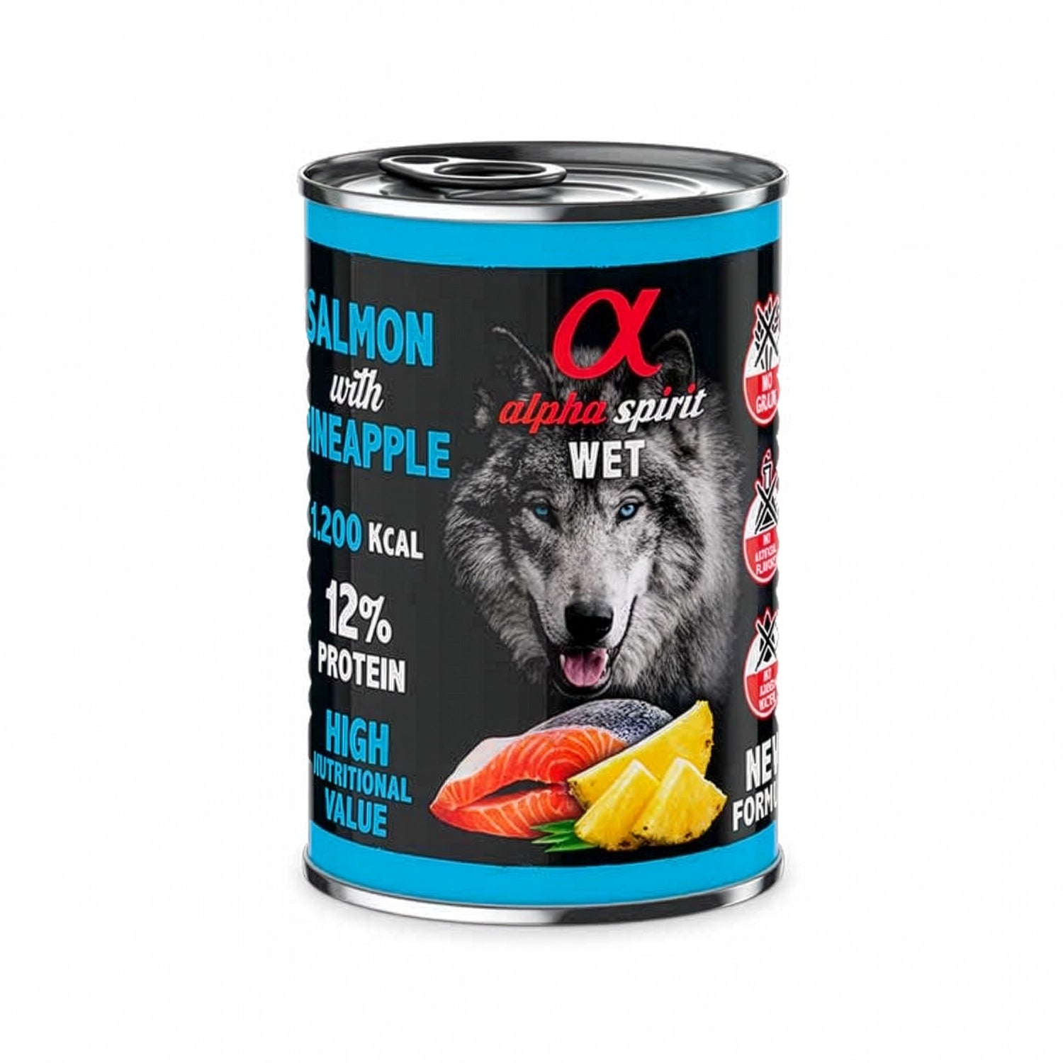 Alpha Spirit Alimento Húmedo Lata Salmón con Piña para perros en envase original, con ilustración de lobo, salmón y piña sobre fondo blanco.
