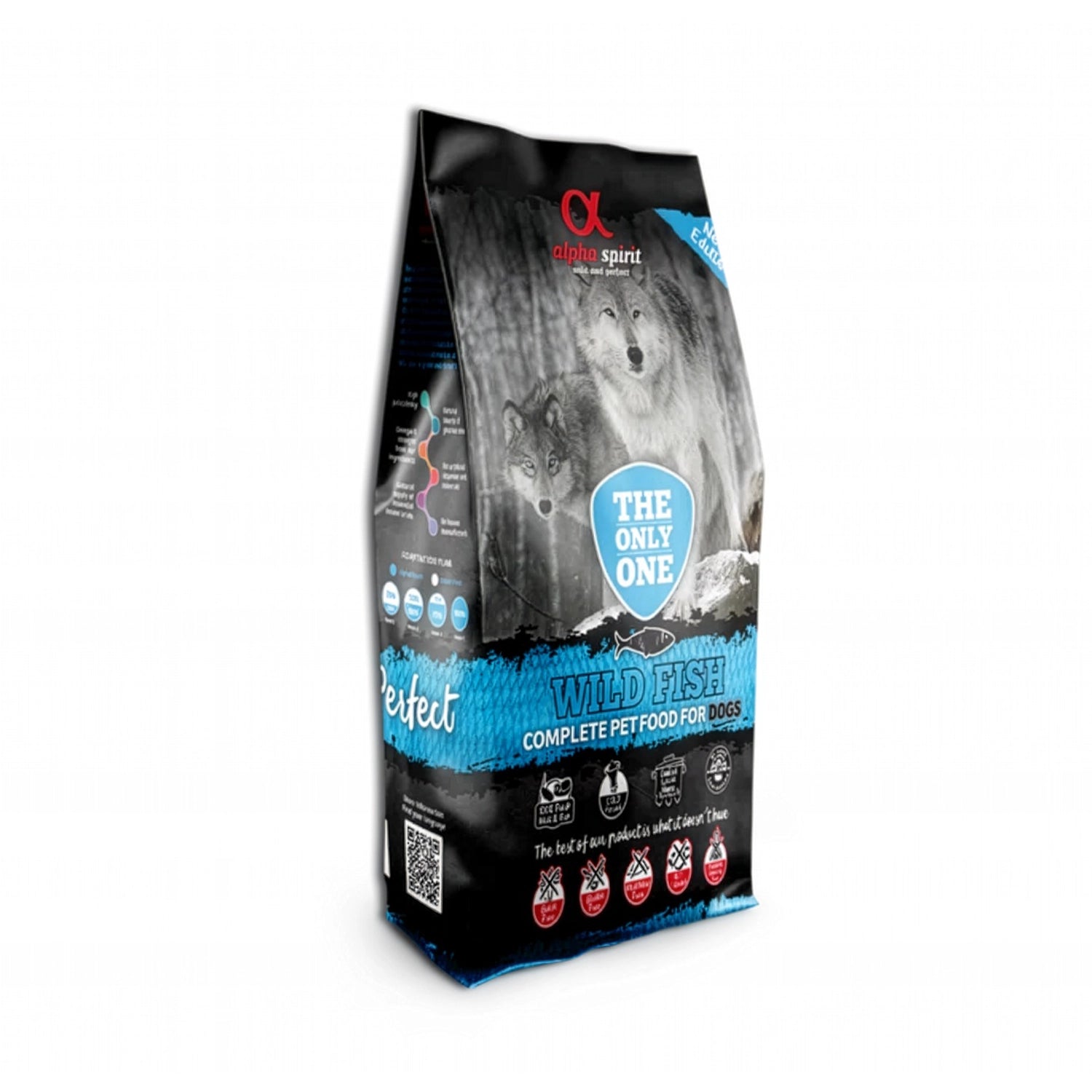 Alpha Spirit The Only One Complete Wild Fish para Perros en bolsa original con ilustración de lobos, alimento completo de pescado.