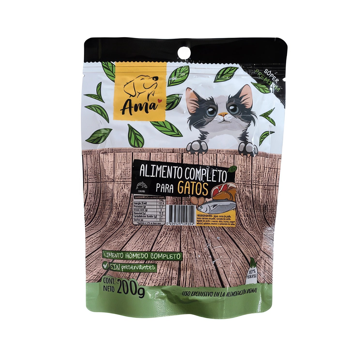Ama Pouch Menú Pollo para Gatos, alimento húmedo completo en pouch con imagen de gato y detalles de ingredientes naturales.