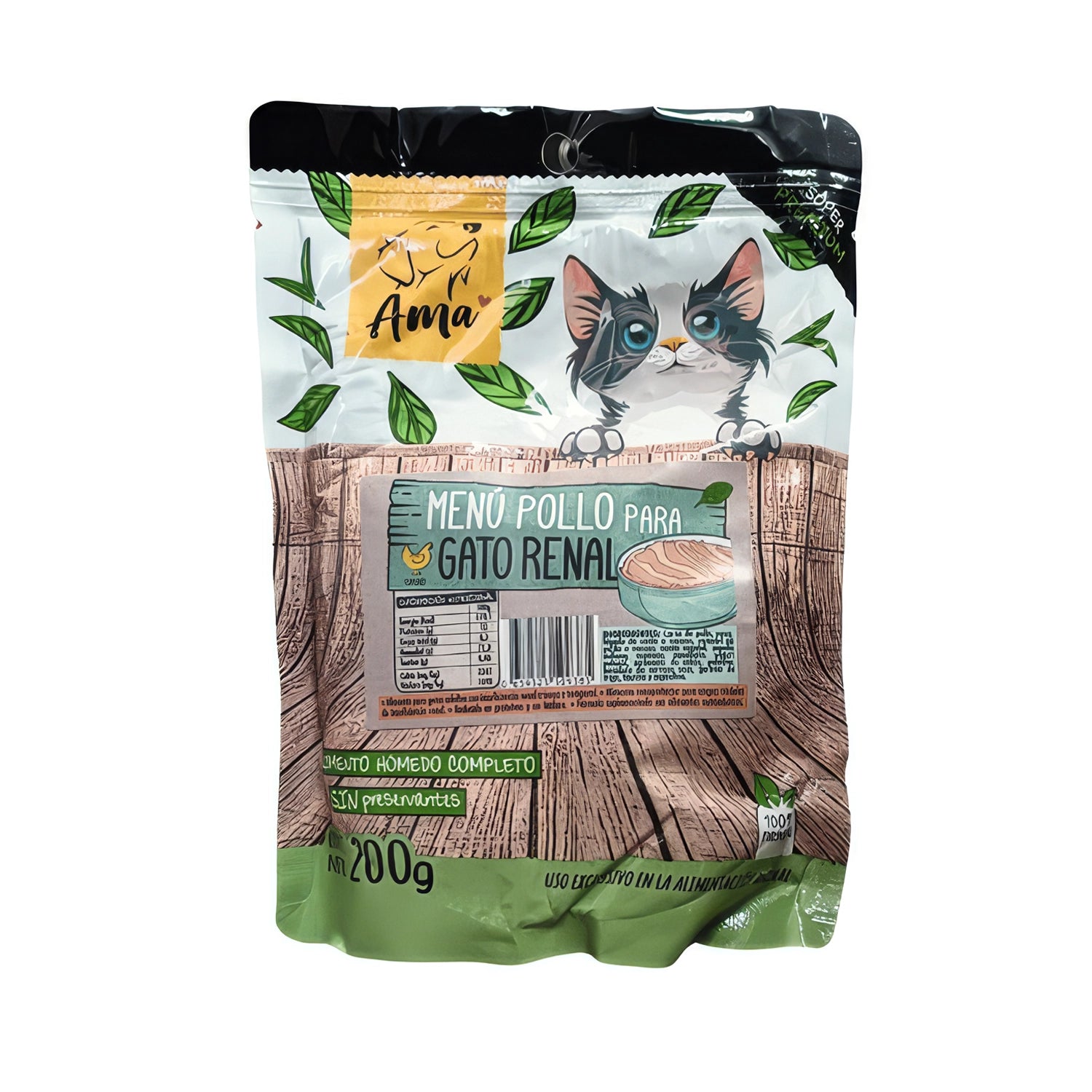 Ama Pouch Menú Renal para Gatos en envase de 200 g, con ilustración de gato, receta de pollo y alimento húmedo completo.