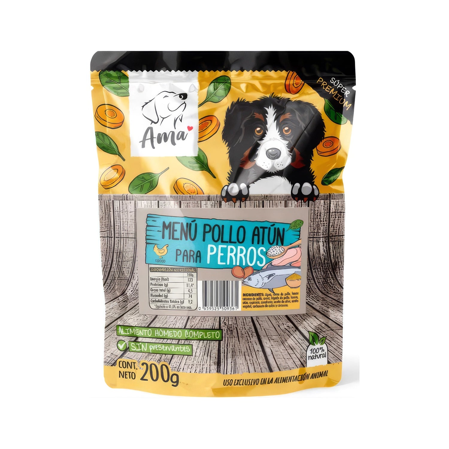 Ama Pouch Menú Pollo y Atún para Perros con envase doypack ilustrado, receta húmeda sin preservantes y 100% natural.