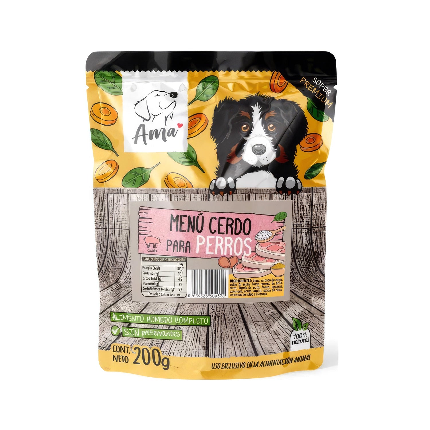 Ama Pouch Menú Cerdo para Perros, alimento húmedo completo en pouch de 200 g, elaborado con cerdo y receta 100% natural.