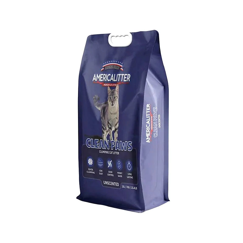 Arena Sanitaria America Litter Odor Seal Clean Pawz en bolsa azul con imagen de gato, control de olores y fórmula sin aroma