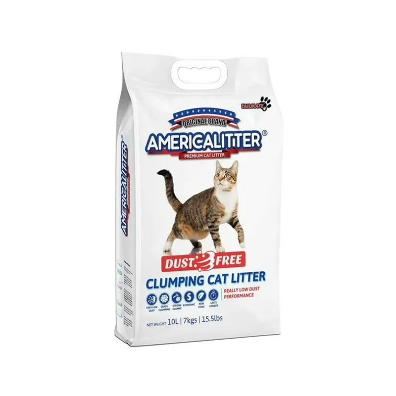 Arena Sanitaria America Litter Dust Free en bolsa blanca con imagen de gato, fórmula aglomerante y tecnología de bajo polvo