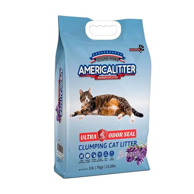 Arena Sanitaria America Litter Lavanda en bolsa azul con gato al frente, arena aglomerante con aroma lavanda y control de olores
