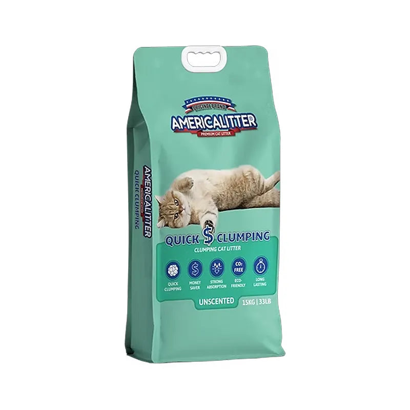 Arena Sanitaria America Litter Quick Clumping en bolsa verde con imagen de gato, fórmula aglomerante rápida y diseño sin aroma