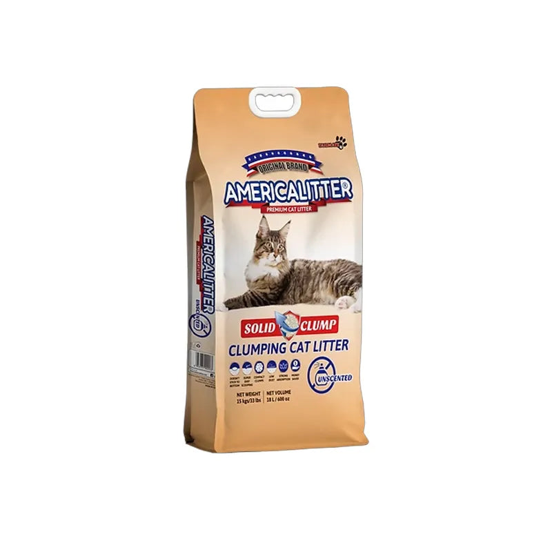 Arena Sanitaria America Litter Solid Clump en bolsa naranja con gato, arena aglomerante sin aroma con alta absorción y control de olores