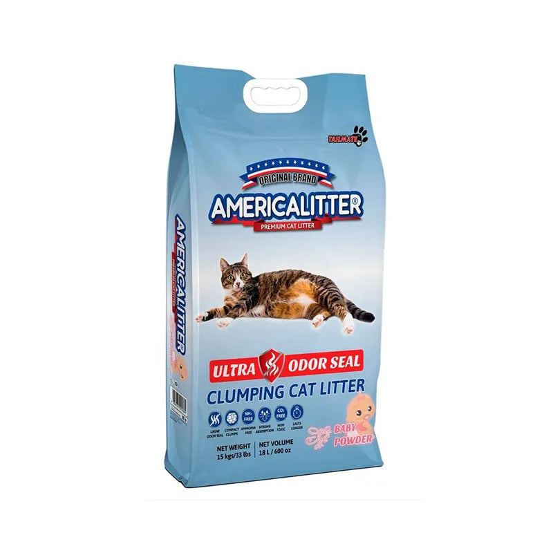 Arena Sanitaria America Litter Baby Powder en bolsa azul con imagen de gato, aroma talco de bebé y control avanzado de olores