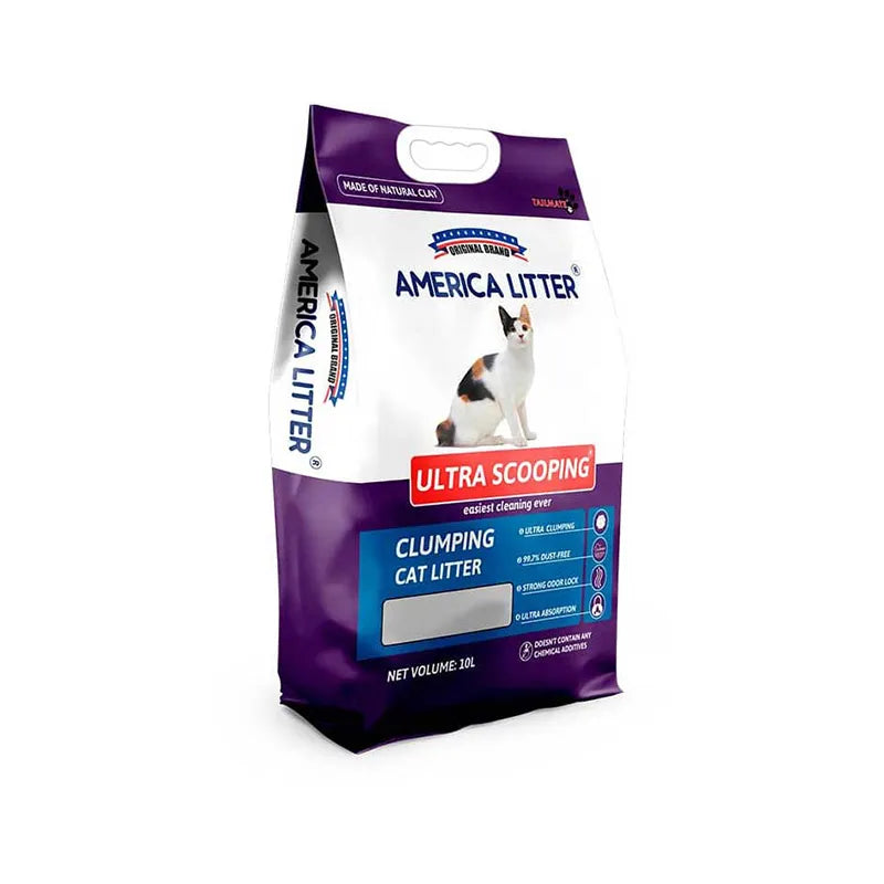 Arena Sanitaria America Litter Ultra Scooping en bolsa blanca y morada con gato, arena aglomerante de fácil limpieza y control de olores