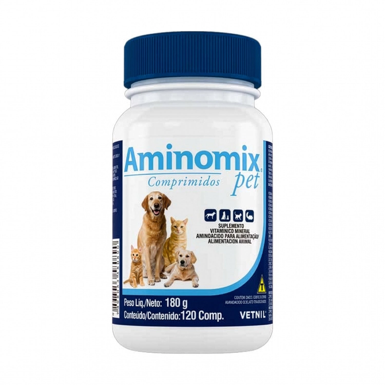 Aminomix Pet 120 comprimidos en frasco blanco y azul con suplemento vitamínico para perros y gatos.