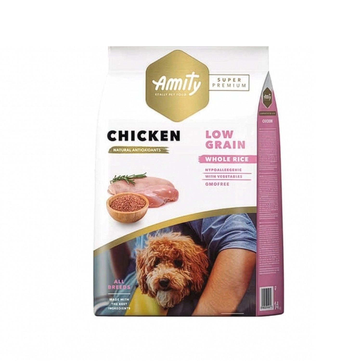 Amity Low Grain Pollo para Perro Adulto en bolsa de alimento seco, con pollo, arroz integral y fotografía de perro adulto.